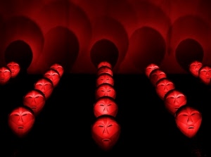 rosso, maschere, ombre, nero, file, luci, facce, cerchi
