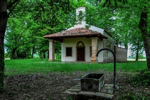 fontana, alberi, verde, prato, cappella, finestre, vasca, colonne, chiesa, portone, foglie, campanile, giardino, erba, tetto, rami, bosco
